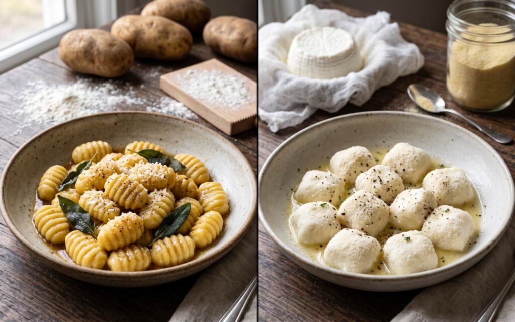 Side-by-side comparison of ridged Italian potato gnocchi with sage butter and delicate, semolina-cured ricotta gnudi.