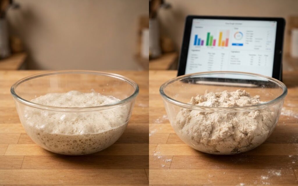 A side-by-side visual comparison of a loose bubbling liquid poolish starter and a stiff dry shaggy biga preferment dough ball in glass bowls next to a tablet running a pizza calculator app.