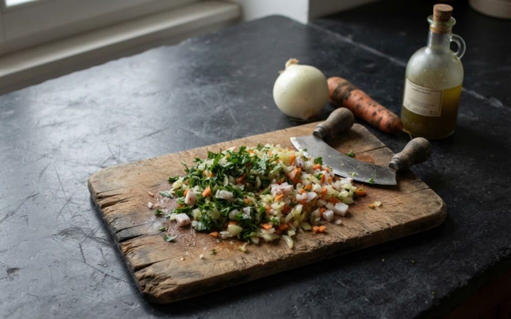 A raw, unedited photo of a pile of minced parsley, onions, carrots, and pork fat on a wooden board next to a steel mezzaluna knife on a kitchen counter.