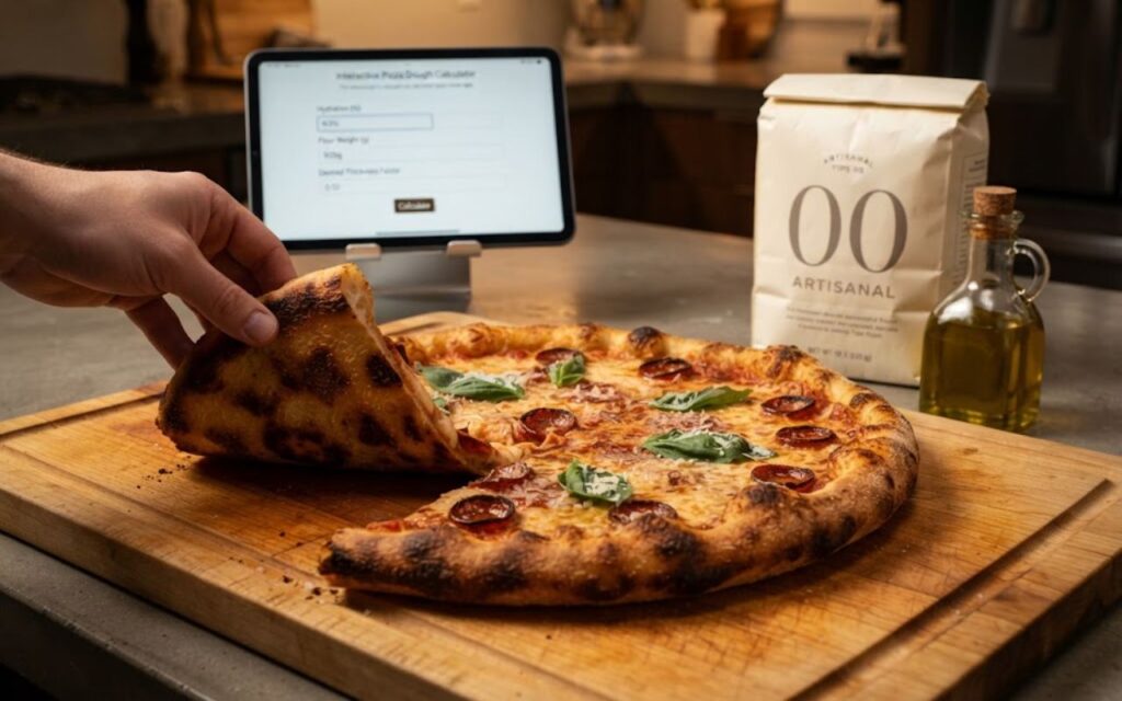 • A fresh 14-inch New York style pizza on a wood counter with a foldable slice pulled away next to a bag of artisanal flour and a tablet running a pizza dough calculator app.