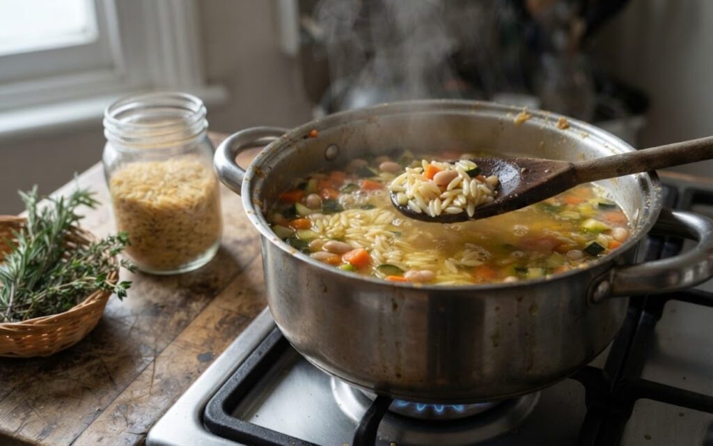 A raw, unedited photo of a clear golden minestrone soup simmering with distinct orzo pasta grains, carrots, and beans in a pot on a stove.