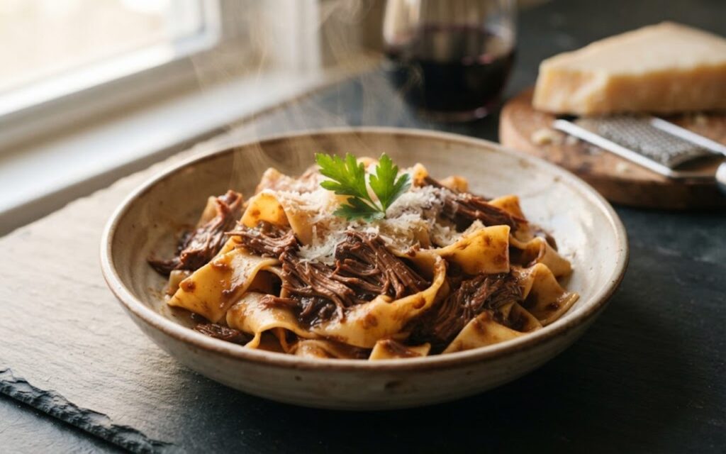 A close-up view of wide ribbons of pappardelle pasta tossed in a rich, shredded beef meat ragu and topped with grated parmesan cheese in a ceramic bowl.