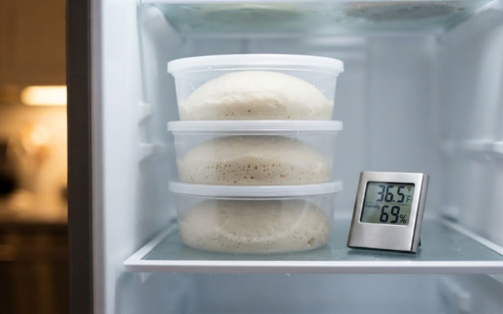 Three clear plastic round containers holding pizza dough balls proofing inside a refrigerator next to a digital thermometer running a pizza dough cold fermentation time schedule.
