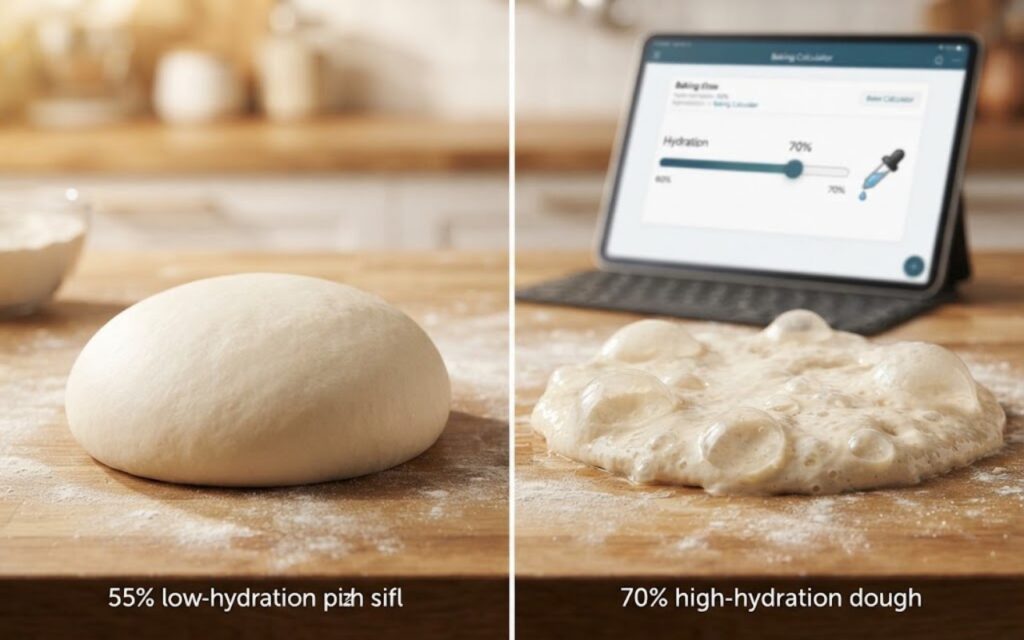 • A visual split comparison of a stiff fifty-five percent low hydration dough ball and a wet seventy percent high hydration dough next to a laptop running a pizza dough hydration calculator app.
