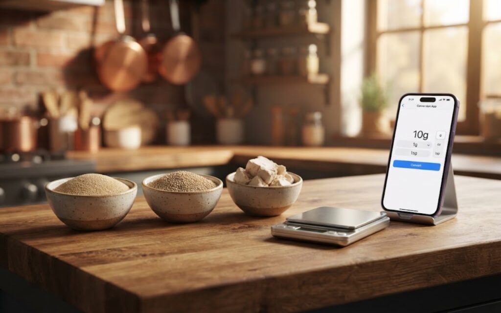 • Three small bowls holding instant dry yeast, active dry yeast, and fresh compressed cake yeast on a wood counter next to a digital scale and a phone running a pizza yeast conversion guide app.