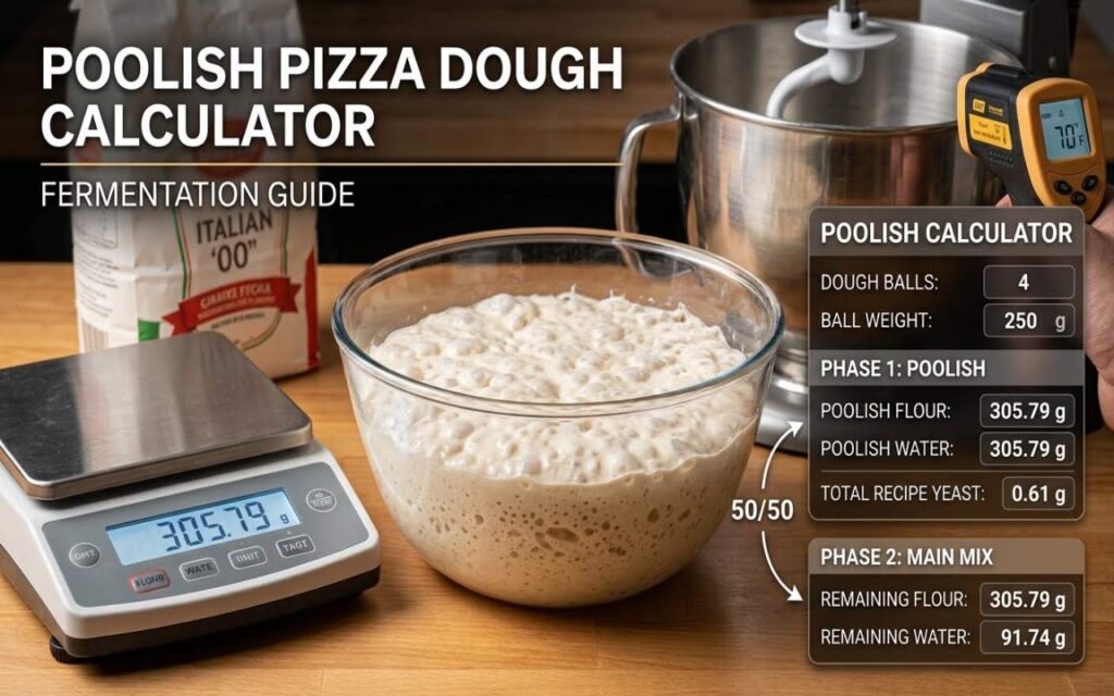 A clear glass jar filled with a bubbling, mature poolish preferment starter next to a digital pocket scale and a tablet displaying an interactive poolish pizza dough calculator app on a rustic wooden counter.