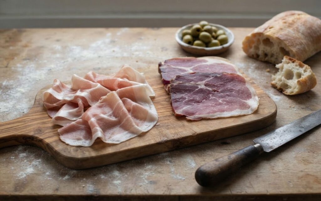 A raw, unedited culinary photo showing loose ribbons of pale-pink Italian prosciutto next to denser, deep-red slices of Spanish Jamón Serrano on an olive-wood board.