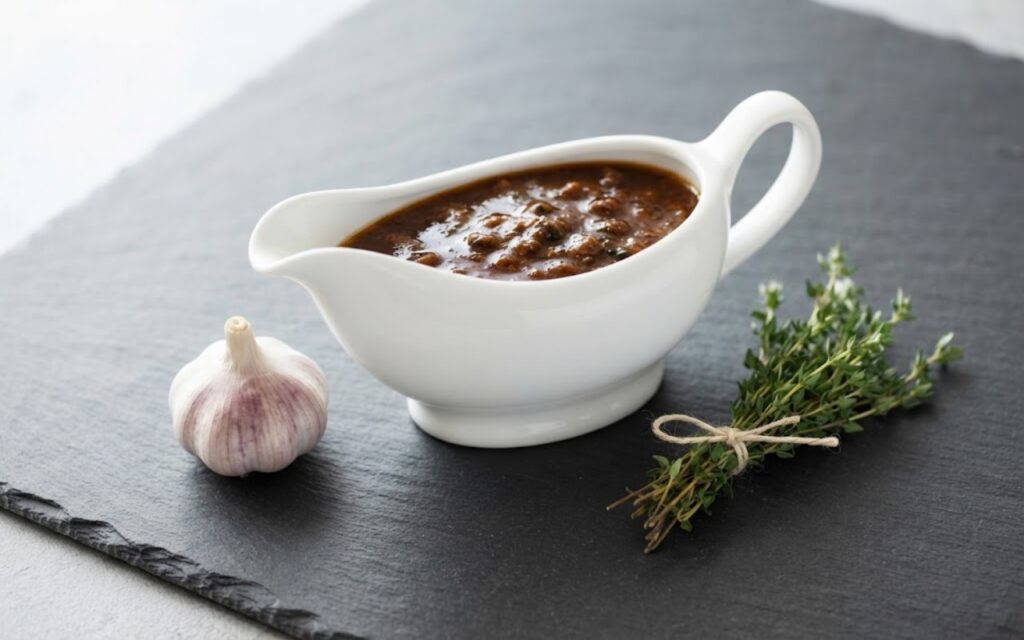 A white ceramic gravy boat filled with rich, thick Italian sugo di carne meat sauce, sitting on a dark slate surface next to a whole garlic bulb and a tied bunch of fresh thyme.