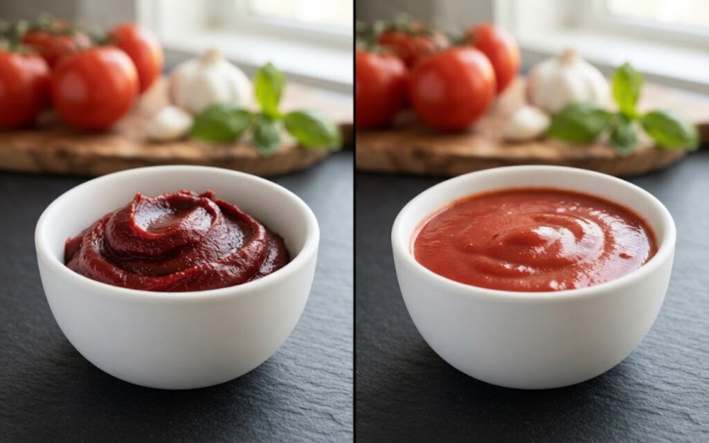 A side-by-side comparison showing a bowl of thick, dark crimson tomato paste with spoon ridges on the left, next to a bowl of smooth, pourable red tomato puree on the right.