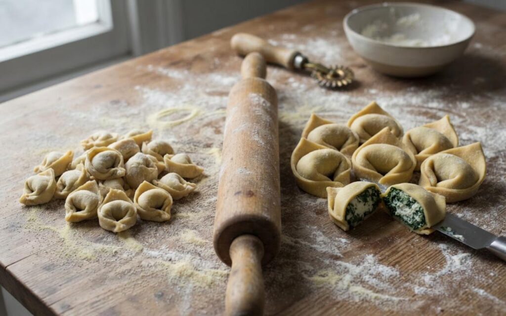 A raw, unedited photo showing tiny meat-filled tortellini loops next to a rolling pin and significantly larger spinach-ricotta tortelloni on a wooden board.