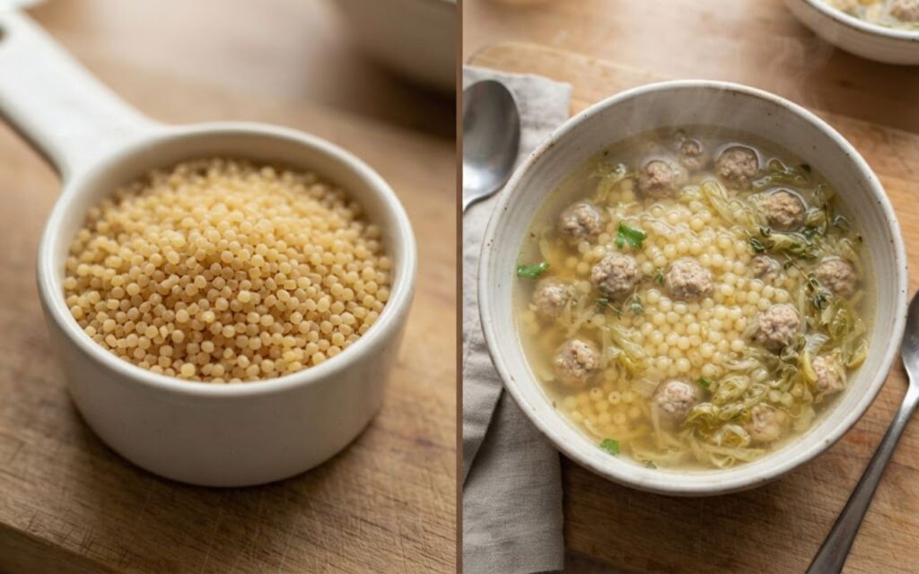 A raw split-screen photo showing dry acini de pepe pasta grains on the left and cooked pasta spheres inside a hot bowl of Italian wedding soup on the right.