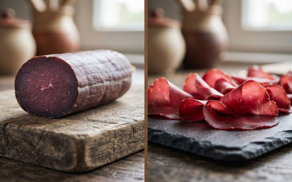 A side-by-side comparison photo showing a dark cylindrical log of whole bresaola beef on the left split and translucent paper-thin ruby slices on the right split.