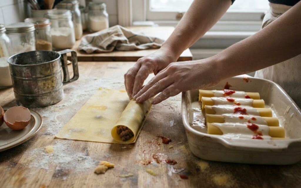 A raw, unedited kitchen photo of thin yellow egg pasta dough sheets being hand-rolled around a meat filling into smooth cannelloni tubes on a flour-dusted board.