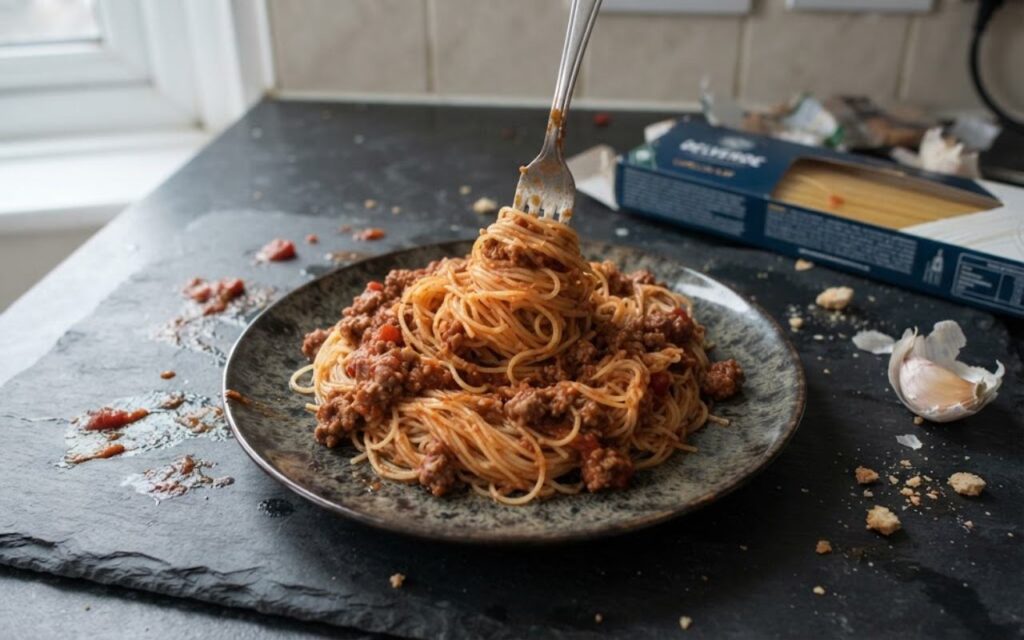 A raw, unedited kitchen photo of ultra-thin capellini pasta clumping and breaking under a heavy, chunky beef bolognese sauce on a dark ceramic plate.