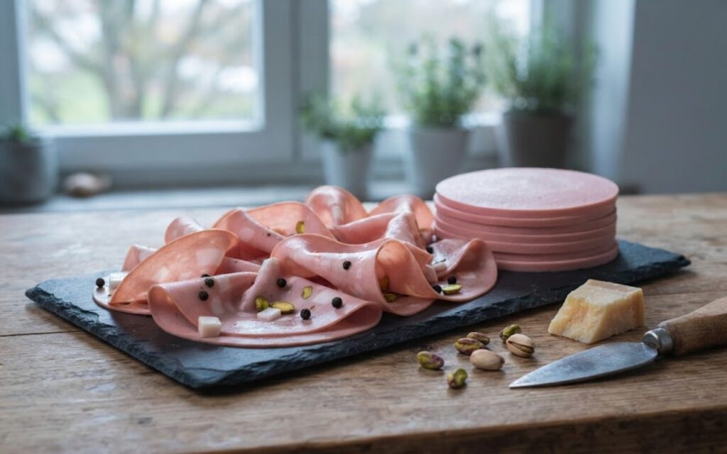 A raw, unedited culinary photo showing paper-thin ruffled ribbons of pistachio-studded mortadella next to flat, uniform slices of regular American bologna on a slate board.