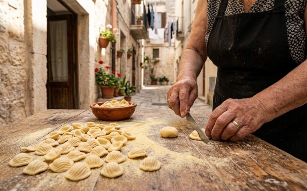 Close-up of an Italian woman's hands dragging a knife across semolina dough to shape authentic orecchiette pasta on a rustic wooden table in a Bari alleyway.