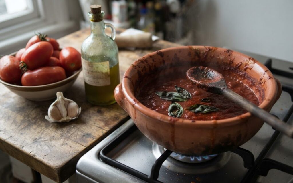 A raw, unedited photo of a thick, simmering dark-red salsa madre tomato sauce with basil leaves in a terracotta pot on a kitchen stove.