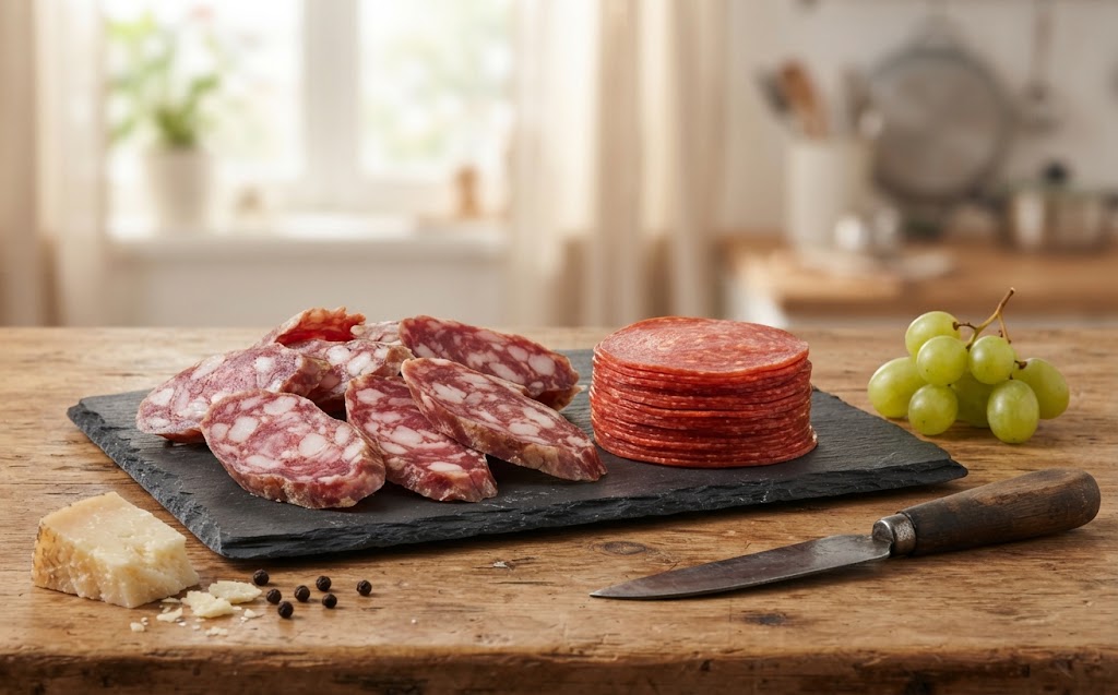 A raw, unedited culinary photo showing coarsely ground rustic soppressata slices next to thin, round regular pepperoni on a slate platter over a wooden counter.