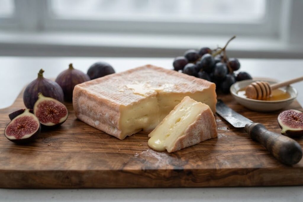 A raw, unedited culinary photo showing a wedge of creamy straw-yellow Taleggio cheese with its distinct pinkish-orange rind on an olive-wood charcuterie board next to fresh figs.