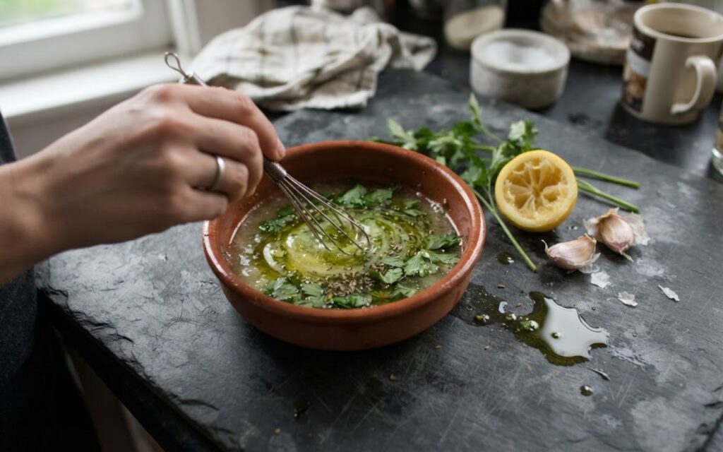 A raw, unedited photo showing a hand whisking olive oil and lemon juice with herbs in a rustic terracotta bowl next to garlic cloves on a kitchen counter.